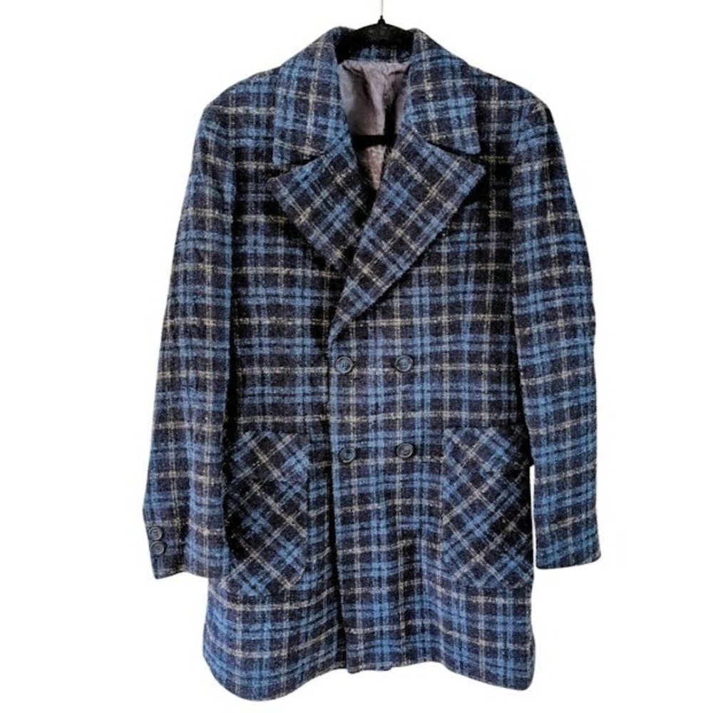 TAKESHY KUROSAWA Men's Blue Plaid Double Breasted Wool Blend Coat Size‎ IT48/US